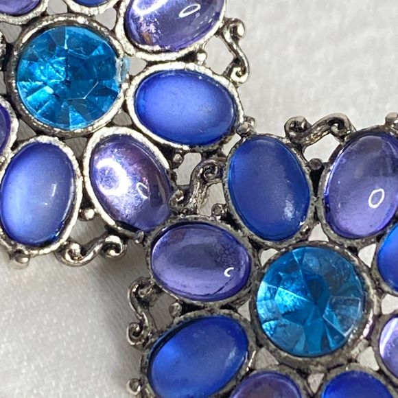 Button Stud Earrings Shades of Blue Purple Stones Oval Circling Aqua Round Stone - Picture 6 of 8